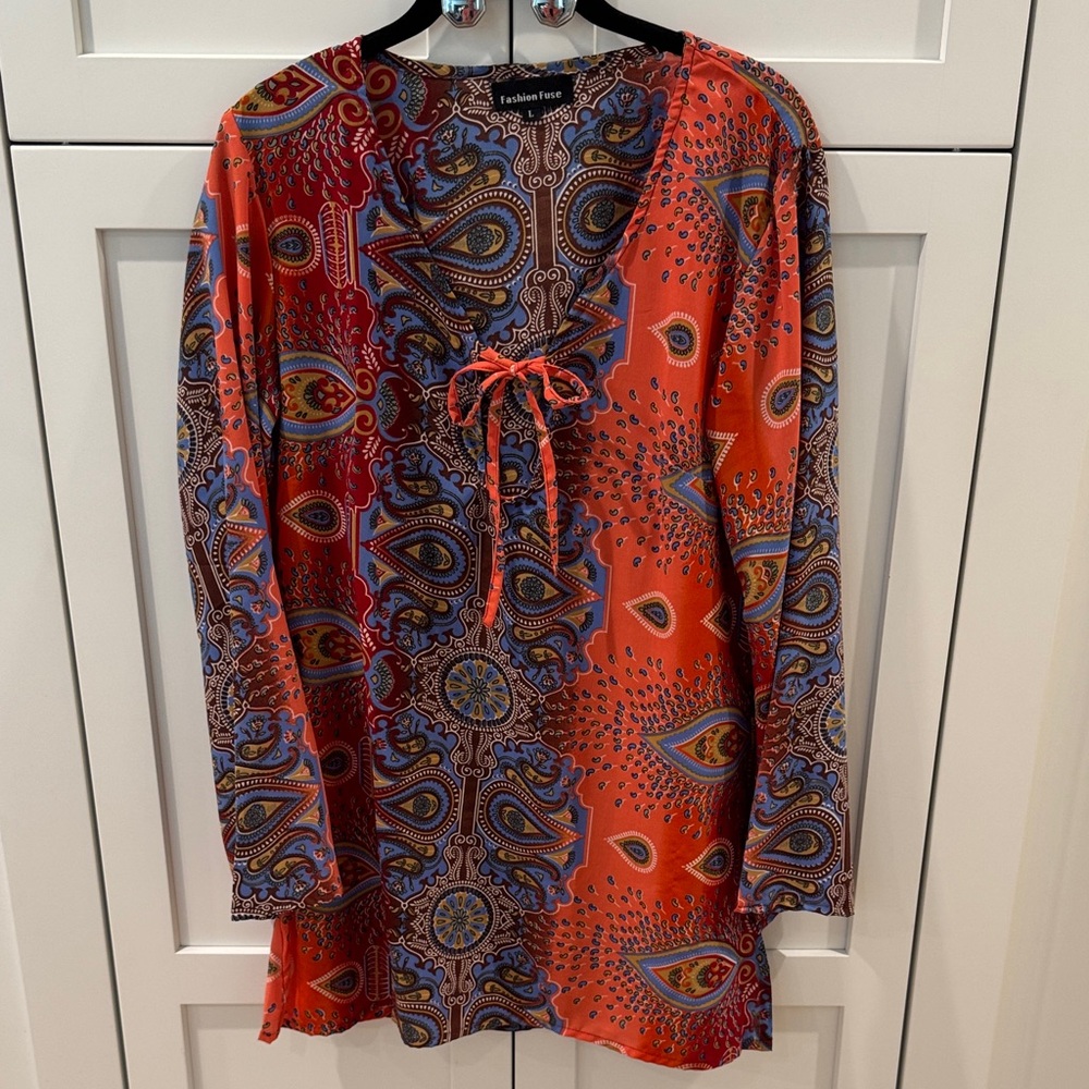 Fashion Nova Women's Vibrant Red and Blue Paisley Tunic